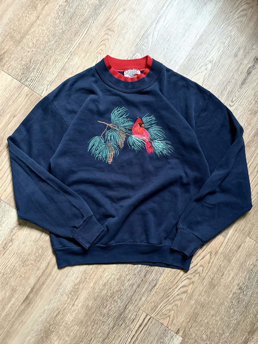 Vintage Morning Sun Cardinal Bird Graphic Blue Sweatshirt